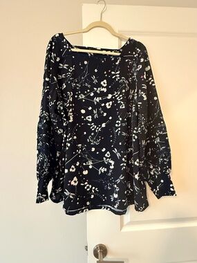 next Navy Floral Long Sleeve Blouse with Pink Accents